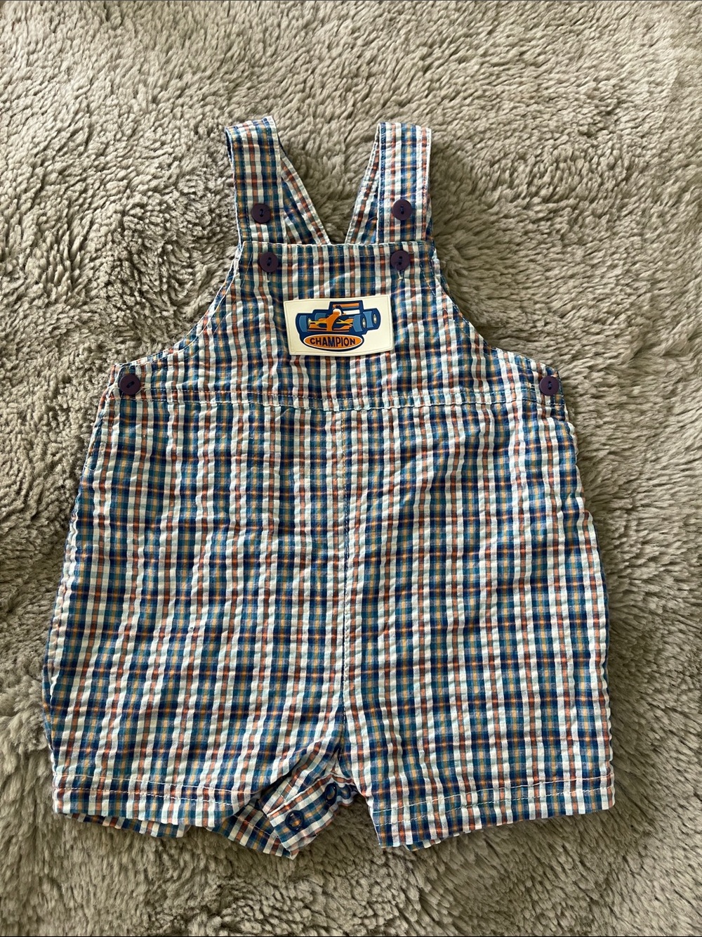 Vintage Okie Dokie Champion Plaid Seersucker Overalls Race Car